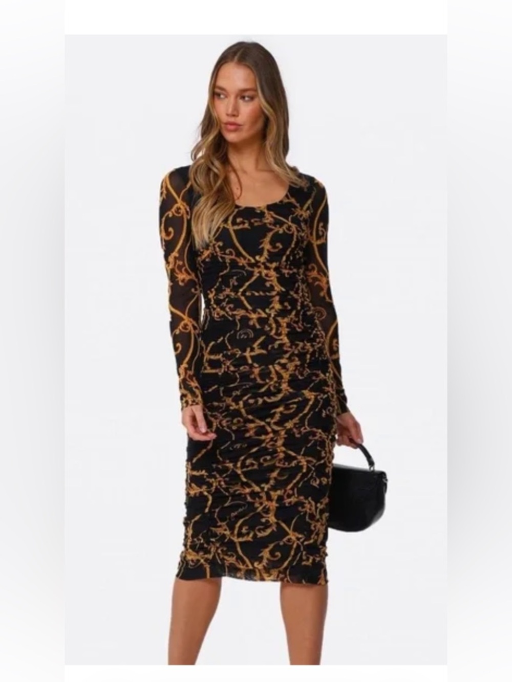 Ganni Black & Gold Ruched Baroque-Print Long Sleeve Dress - Picture 4 of 4